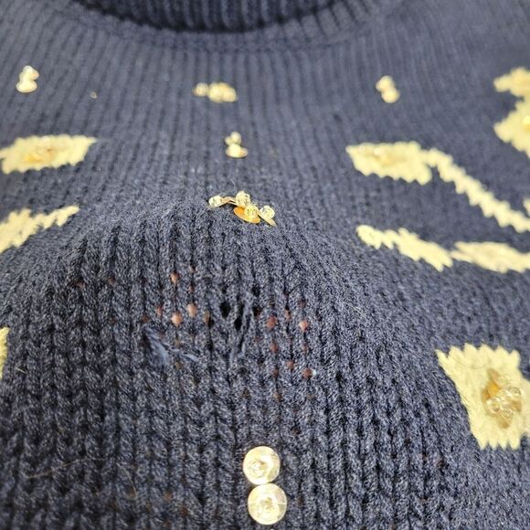 VINTAGE 90s navy blue sequined snowflake turtleneck hand loomed sweater M - Picture 7 of 9